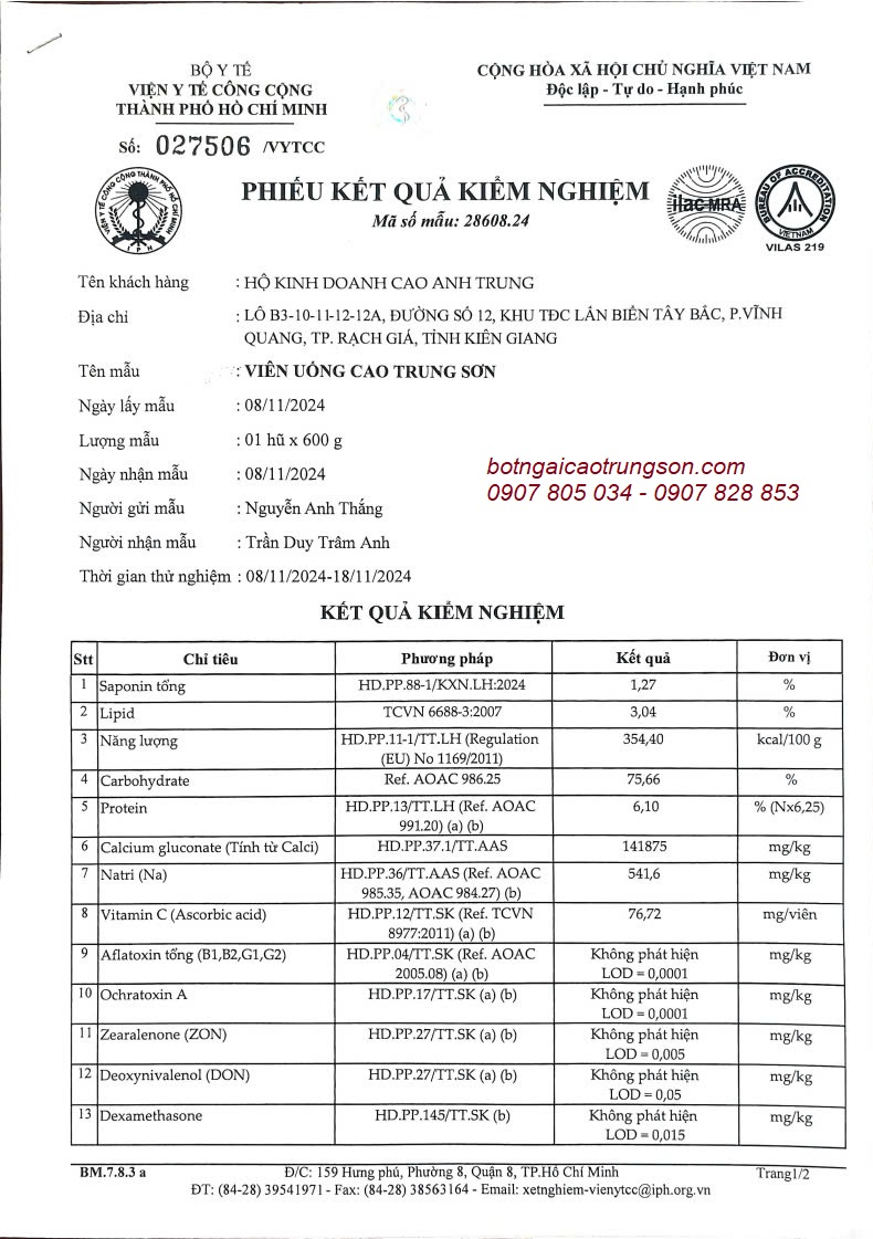 Chứng nhận kiểm nghiệm Cao Trung Sơn