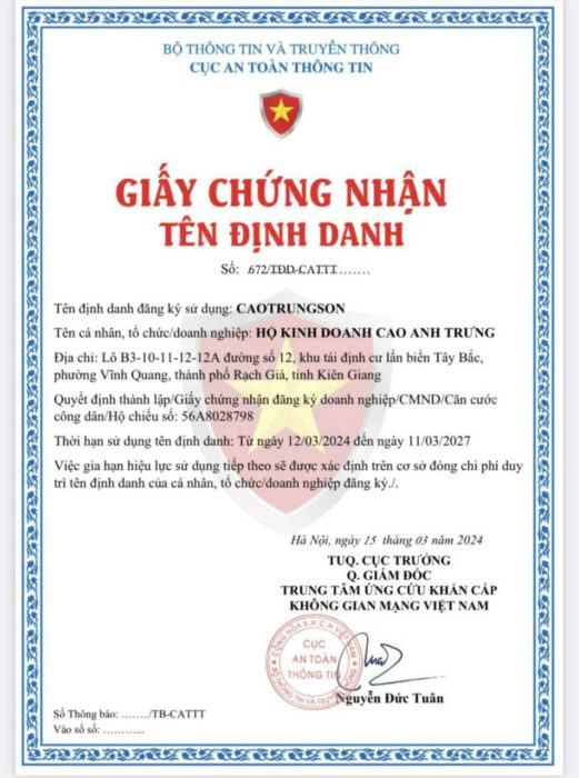 Chứng nhận định danh Cao Trung Sơn