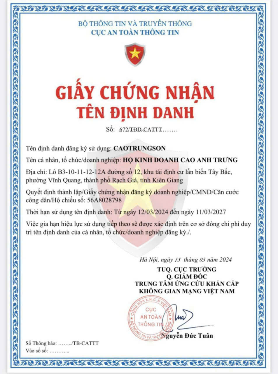 Chứng nhận định danh Cao Trung Sơn